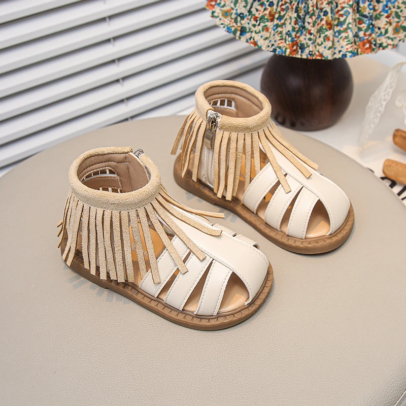 Kinder-Römersandalen mit Quasten, einfach anzuziehen/zu legen, Reißverschluss-Design, atmungsaktives PU-Leder, Freizeitschuhe für Kinder, rutschfeste Sohle