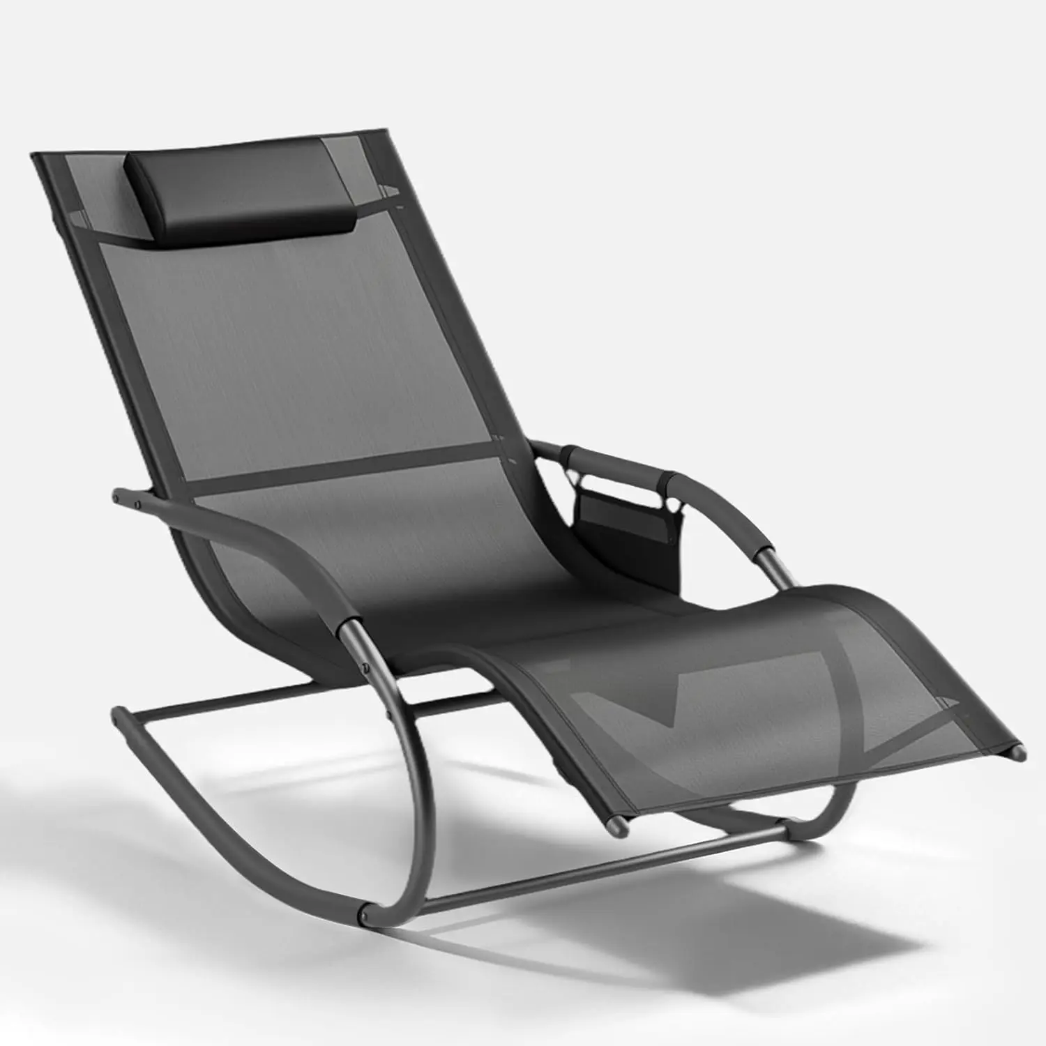 Aoxun Fauteuil à bascule, chaise de jardin avec appui-tête et rangement latéral, chaise balançoire, chaise balançoire en maille métallique, salon pour le jardin, jardin, balcon, 148x63x84 cm, noir