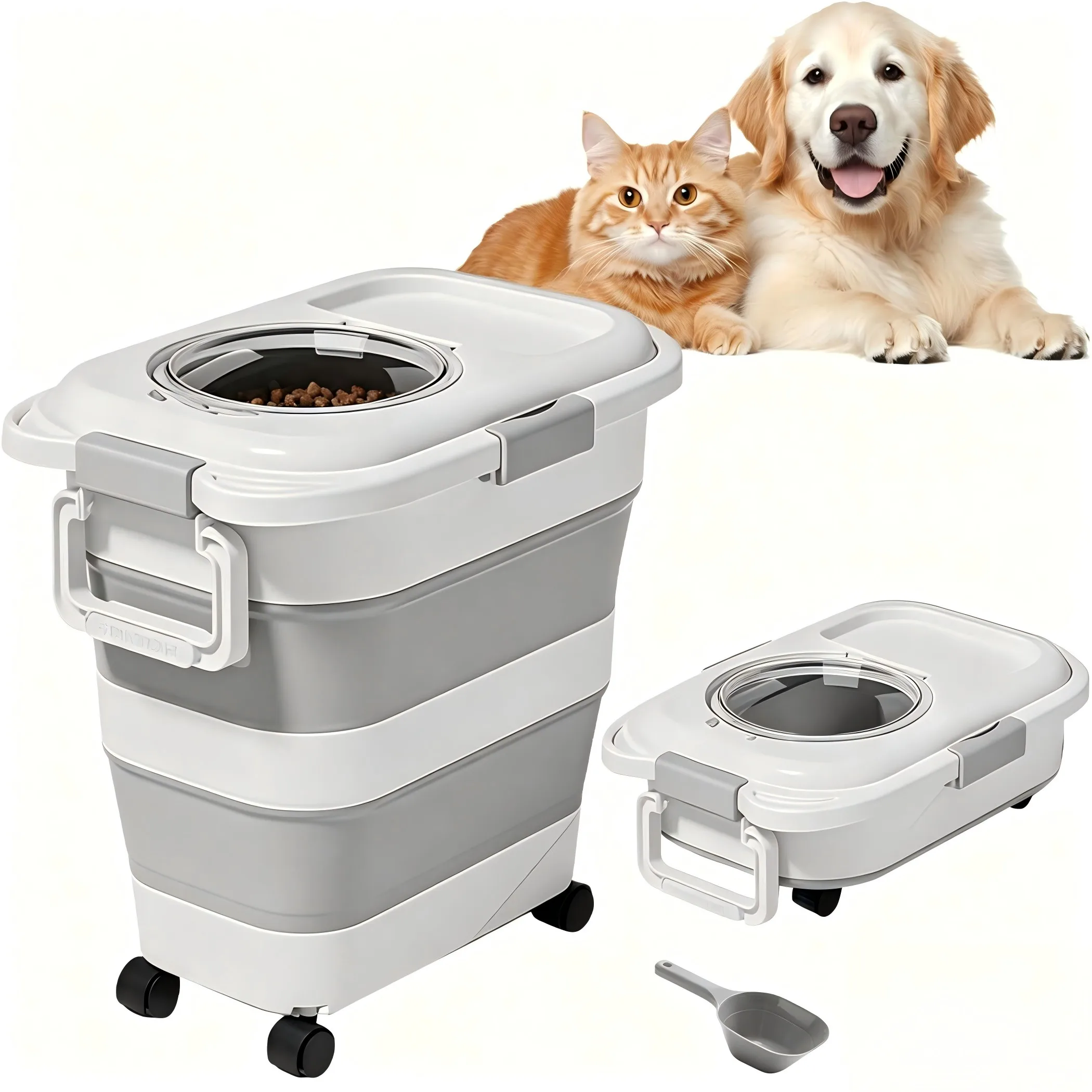 Conteneur hermétique pliable pour aliments pour chiens, avec roues attachables, poignée portable, pelle à nourriture pour chiens, chats, oiseaux, animaux de compagnie, conteneur de stockage d'aliments