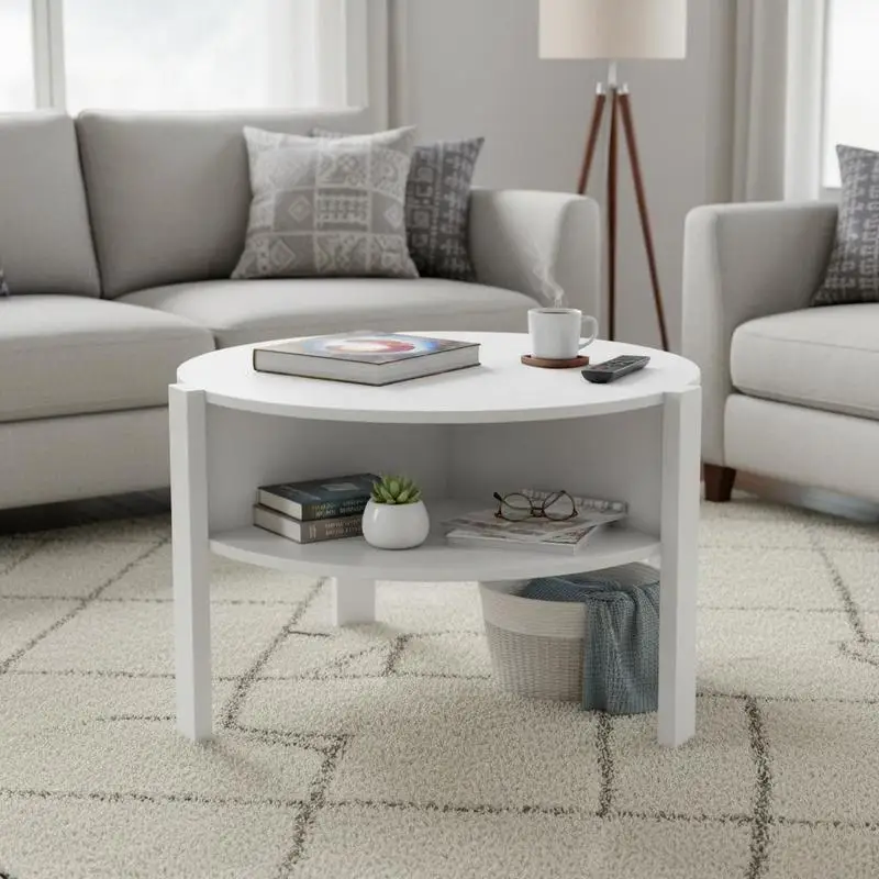 2-stufiger runder Couchtisch mit 4 Ablagen – Weiß Image