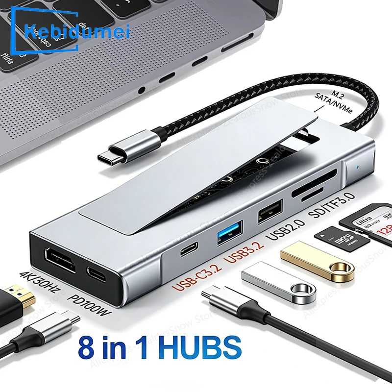  KEBIDUMEI 8-in-1 M.2 SATA NVME SSD HUB USB-C Dockingstation SSD Typ-C zu 4K60Hz USB3.2 Splitter SD/TF Kartenleser Anschlüsse für Laptop Image