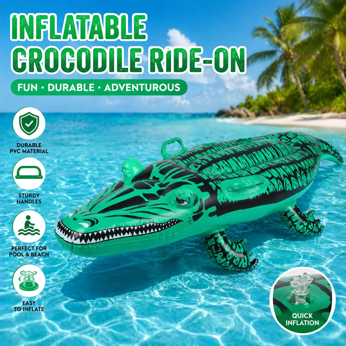 1 Stück Aufblasbares Krokodil-Schwimmtier, Alligator-Schwimmfloß mit Griffen, Langlebiges PVC für Strand, See und Pool-Partys Image