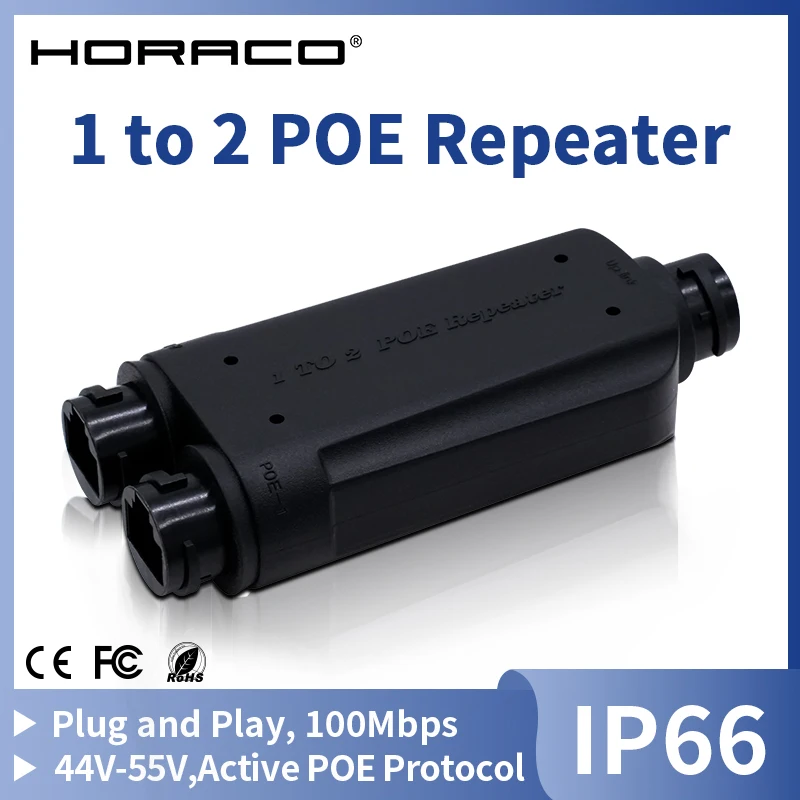 HORACO 2-Port-wasserdichter POE-Repeater IP66 10/100 Mbit/s 1 bis 2 PoE-Extender mit IEEE802.3af/at 48 V Outdoor für POE-Switch-Kamera Image