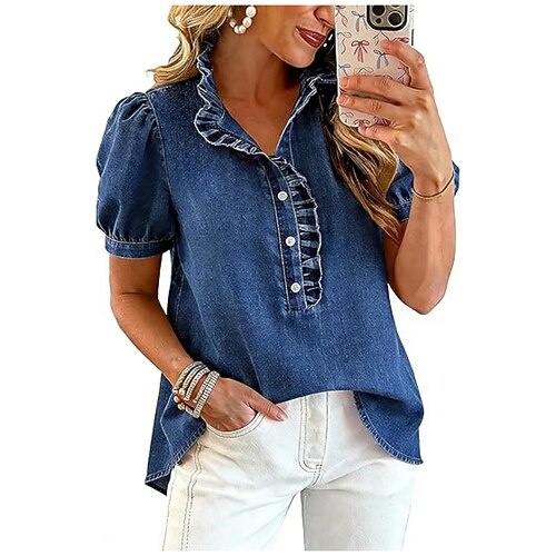 Per donna Blusa Tinta unica Elegante Essenziale Casual Manica Corta Collo alla coreana Top lunghi Casuale Quotidiano Blu Nero Blu scuro Grigio Estate Primavera - Lightinthebox.com/it