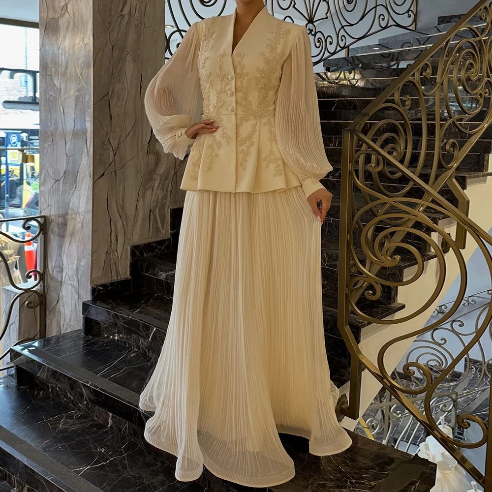 Customized A-line Evening Dresses Floor-length V-neck Full Sleeve Prom Gown Fashion Sequined Simple Draped Casual Party Gown