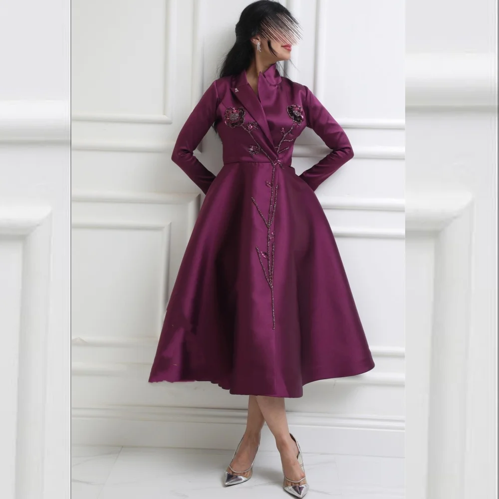 Customized Satin Applique Sequined Clubbing A-line V-neck Bespoke Occasion Gown Long Dresses