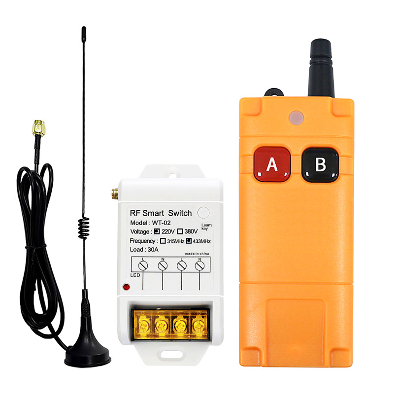 AC 220V 30A Wireless Remote Control Switch, High Power RF 433MHz Receiver Transmitter Kit with External Sucker Antenna for Water Pump, Motor, LED Light, Industrial Long Range Remote Switch, WT-02