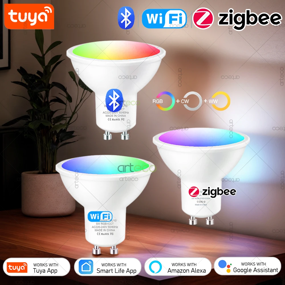 Tuya GU10 LED-Lampen WiFi Zigbee Bluetooth, RGB C+W weiße dimmbare Lampen, Smart Life App-Steuerung LED-Glühbirne, Voice Alexa Google Image