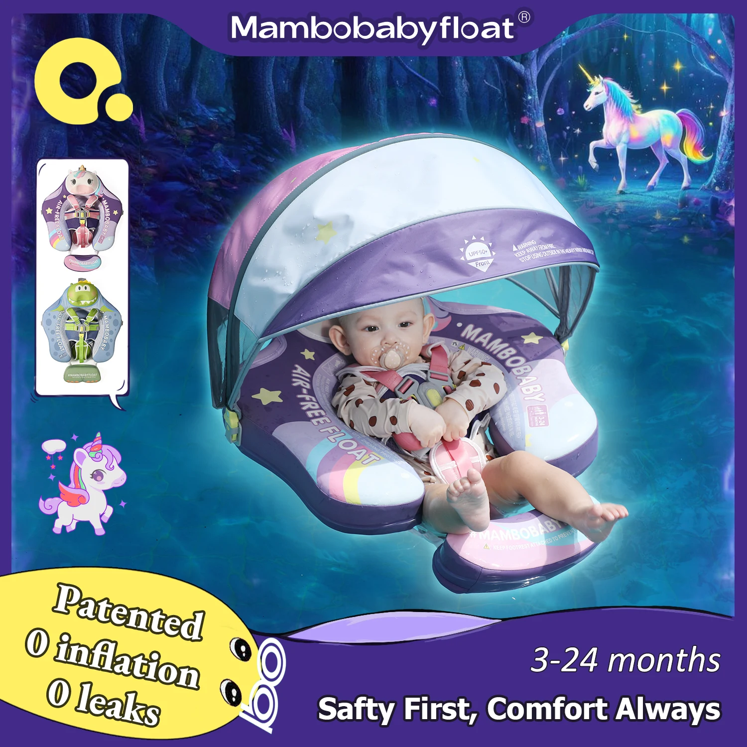 Mambobaby Float Sicherer fester Kern ST-Unicorn B503-143-W-Z Komfort Immer: Hautfreundliche Hülle Baby Schwimmring Kleinkind Schwimmreifen Mit Sonnendach, 3-24 Monate Image