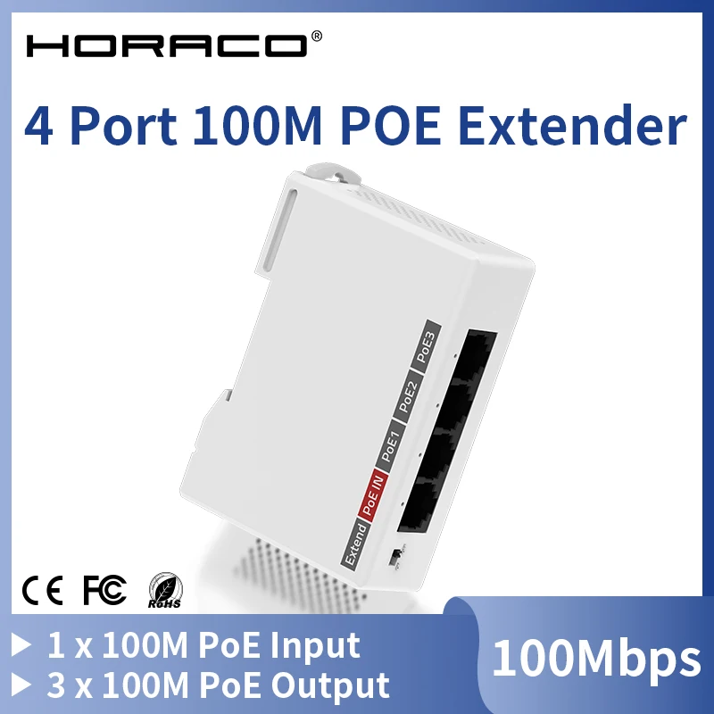 HORACO 4-Port 100M POE Extender DIN-Schienen-Netzwerk-Switch Repeater IEEE802.3af/at Plug&Play für 48V PoE Switch NVR IP-Kamera AP Image