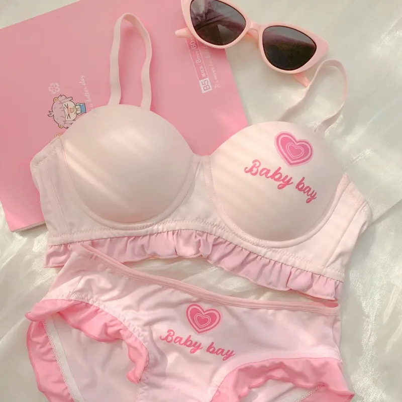 Von Lolita inspiriertes Dessous-Set für kleine Brüste, kabelloses Push-Up-Bralette zur Verbesserung der Kurven, süßer BH im Barbie-Stil und zerkleinerter Höschen Image