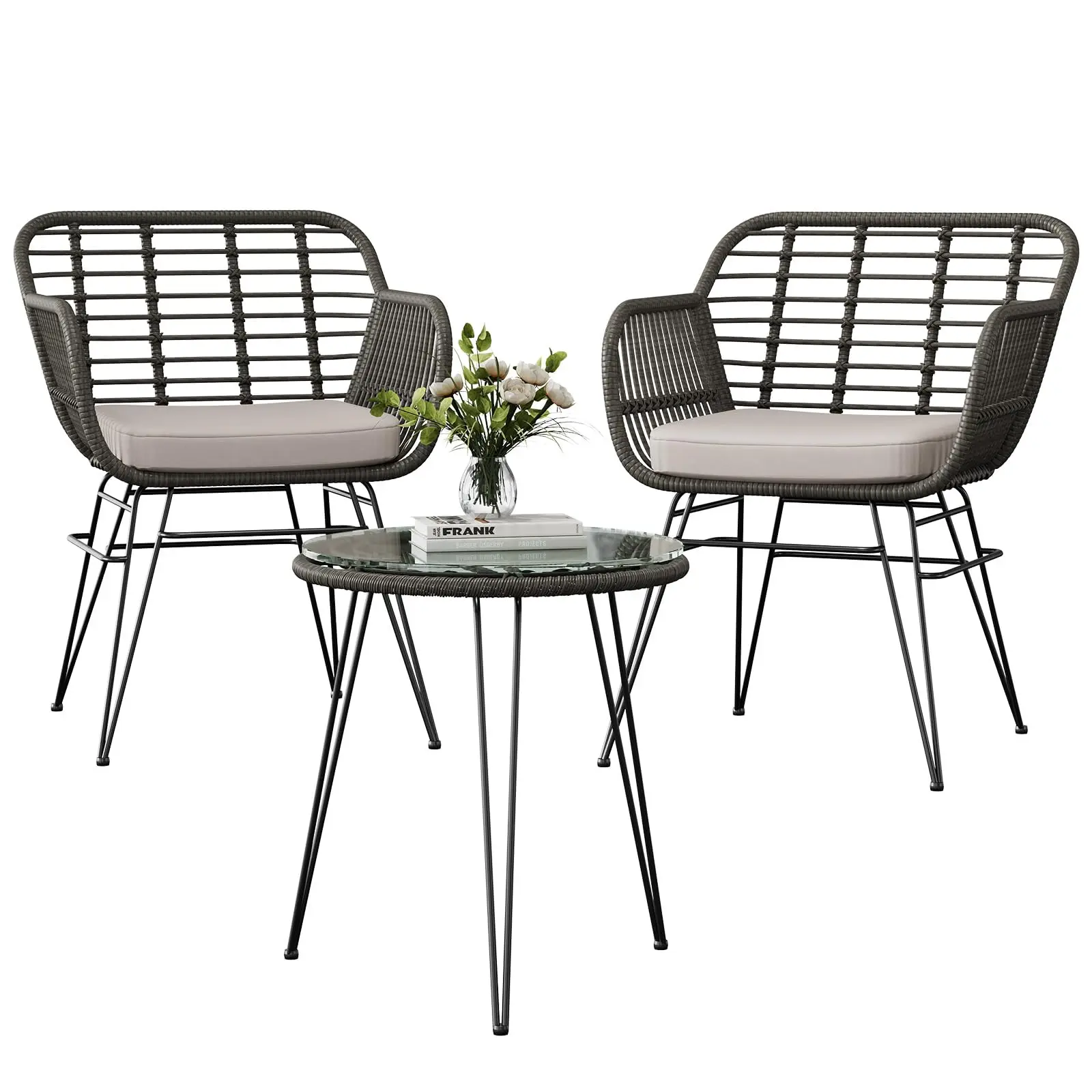 Outdoor-Rattan-Sitzgruppe, Möbel für 2 Personen, 3-teiliges Bistro-Set, Balkonmöbel, Gartenmöbel-Set mit 2 Stühlen + Tisch, Kleine Wetterfeste Lounge-Garnitur für Garten, Balkon, Terrasse