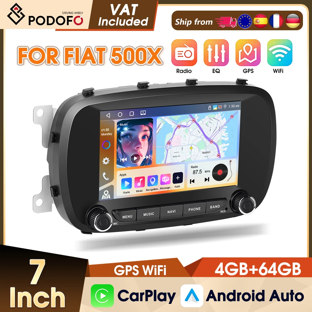 Podofo 7'' 2 Din 4-Kern 4+64G Autoradio Stereo für Fiat 500X 2014-2020 Auto-Medien-Video FM RDS GPS EQ Wireless CarPlay Android Auto Intelligente Fahrzeugsysteme Image