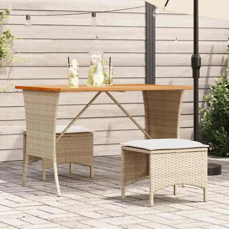 Table de jardin avec plateau en bois d'acacia et structure en polyrotin – résistante aux intempéries, stable et facile d'entretien, idéale pour le jardin et la terrasse. Table de jardin en rotin avec