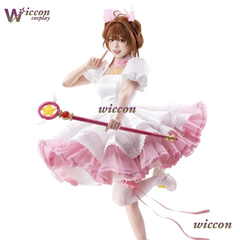 Kinomoto Sakura Pink-Weißes Kampfkleid Cosplay Cardcaptor Sakura Cosplay-Kostüm Outfit Komplettes Set Halloween-Kostüme Image