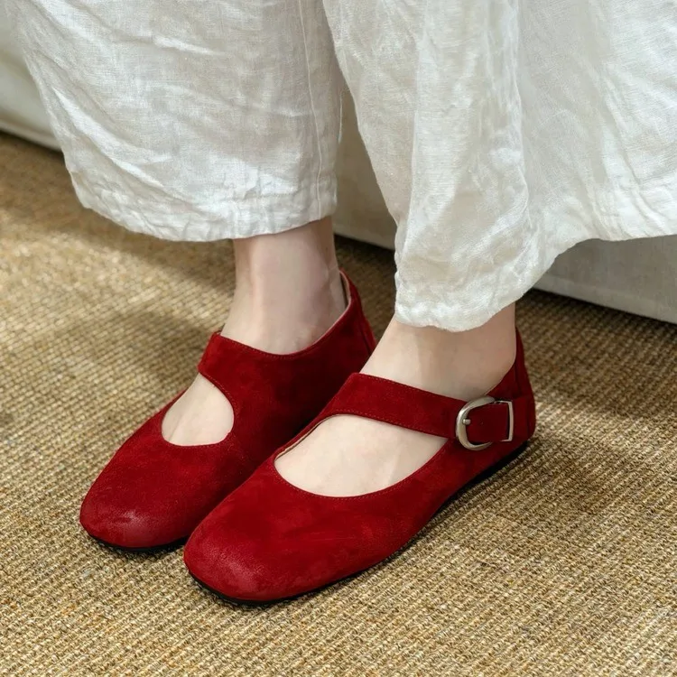 Schafsleder-Edition~ Vintage-Stil Rote Mary Jane Schuhe für Damen 2026 Sommer Neue Flache Flacher Schnitt Vielseitige Alltagsschuhe