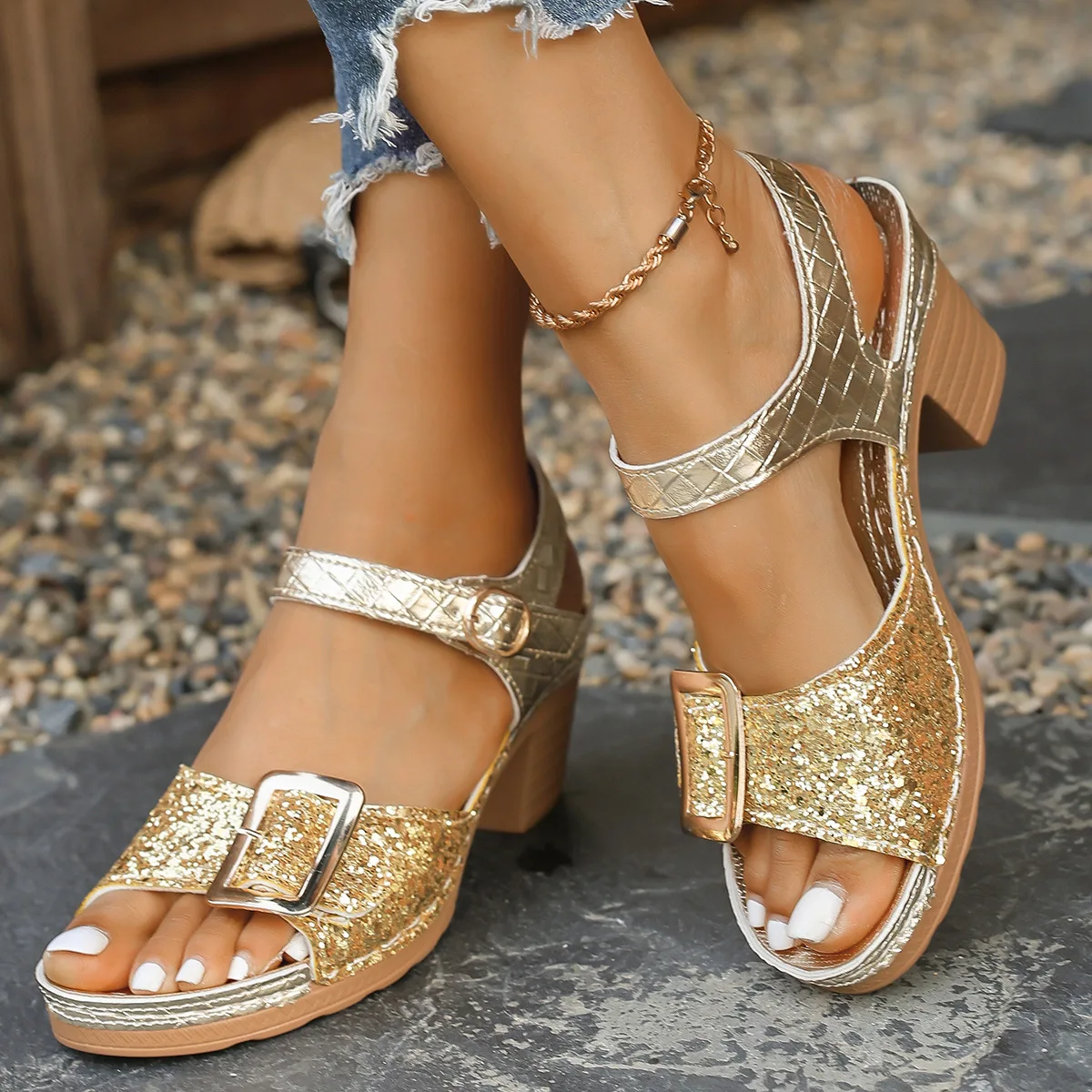 Plus Größe Schuhe für Frauen 36-43 Sommer Mode Pailletten High Heel Plattform Sandalen Casual Peep Toe Schnalle alias De Mujer