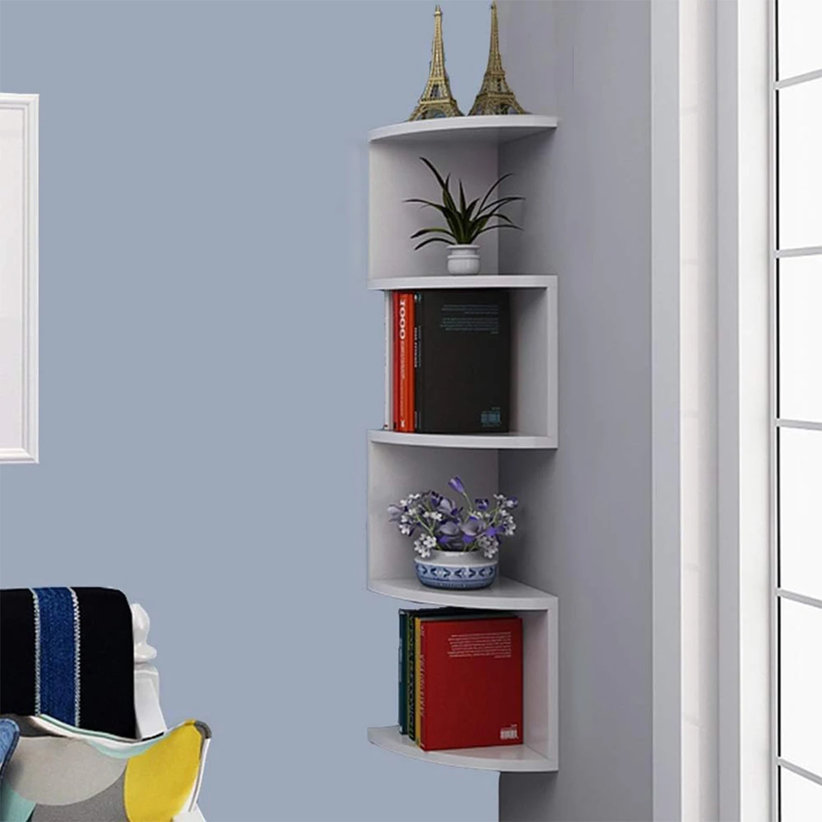 Wandre gal kreative Home Wand Ecke Dreieck Regal Wandbehang 5 Tier halbrunde Trennwand Ecke Bücherregal Image