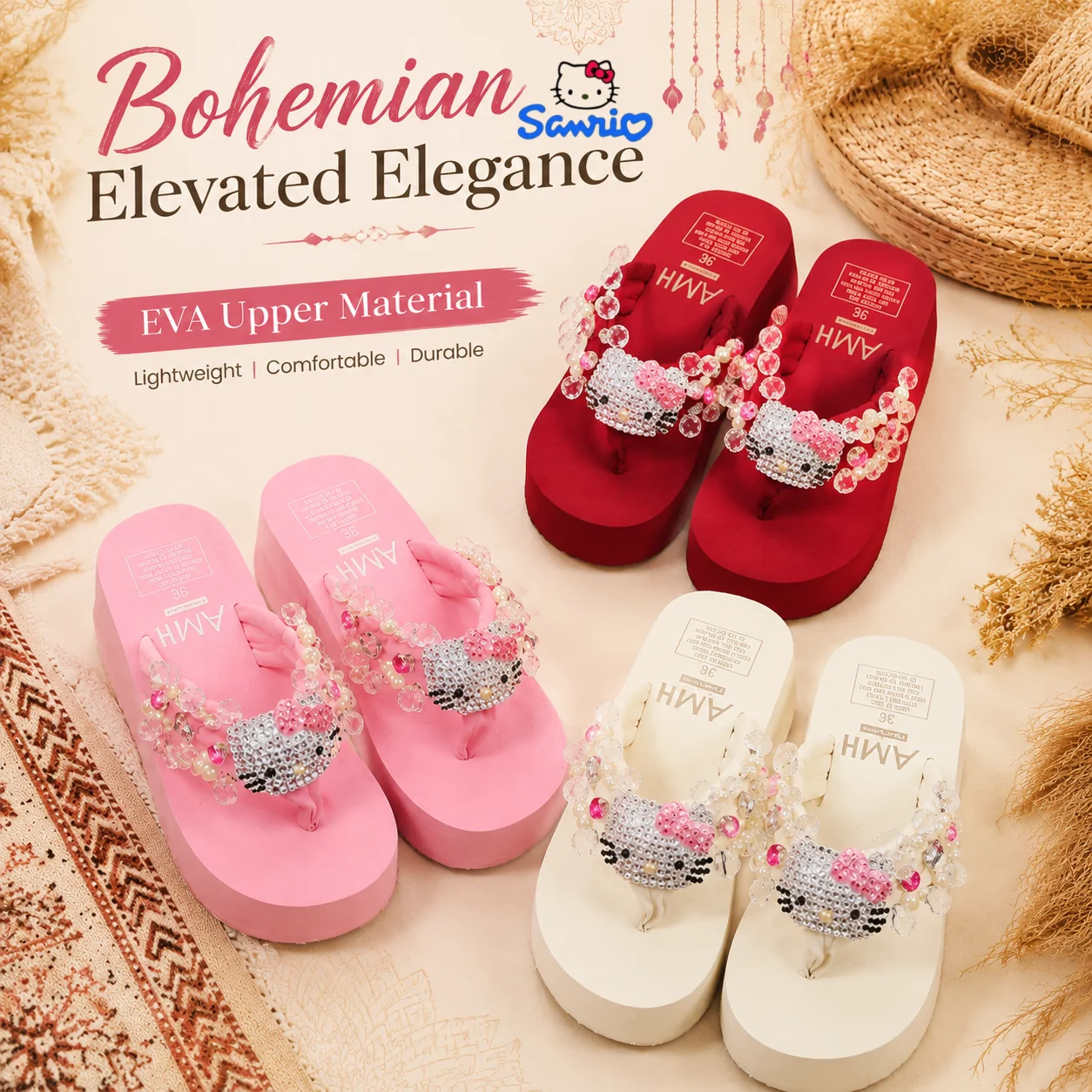 Sanrio Hello Kitty EVA Sommer Damen Keilabsatz Flip-Flops mit Dicker Sohle Erhöhte Boho-Style Strass-Kristall Bling Strand-Sandalen