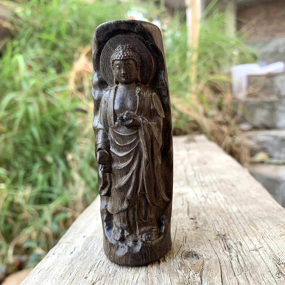 3,85 Zoll große, handgeschnitzte Holzstatue von Amitabha Buddha, Shakyamuni Buddha Statue, künstlerischer Stil, geeignet für Feiertagsdekorationen, Schreibtischdekorationen, Heimdekoration, Kamin,