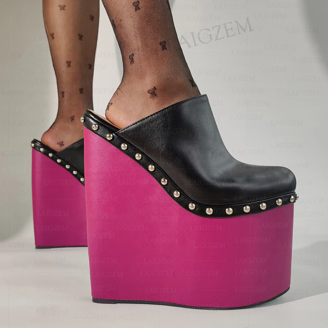 LAIGZEM Damen-Pumps, Slip-On, Nieten, Kunstleder, 22 cm, High Heels, Pantoletten, Party, runde Zehen, Damenschuhe, Frau, große Größe 38 41 44 48