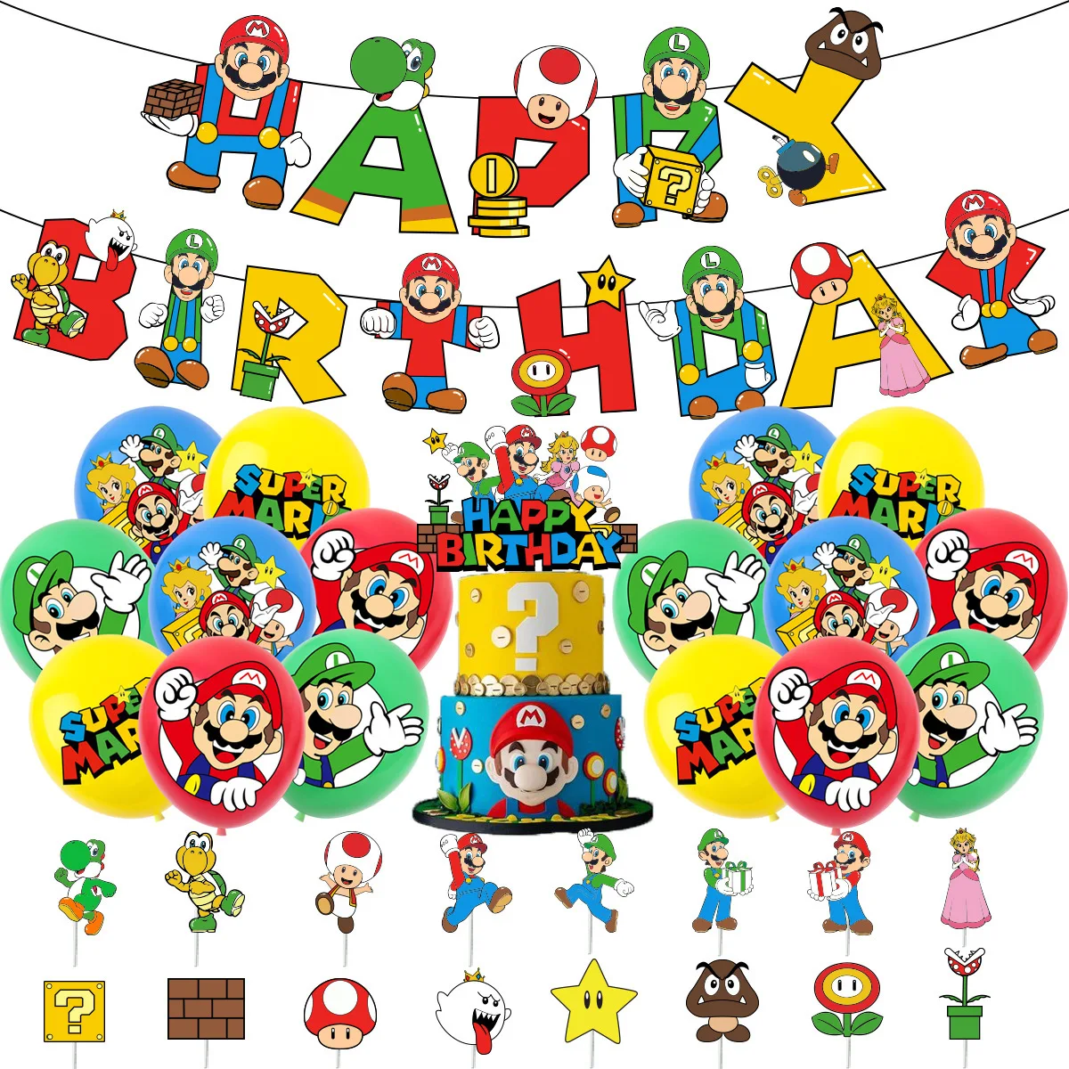 Neue Mario-Themen Geburtstagsparty Dekorationsartikel Tortendekoration Flaggen Banner Luftballons Geburtstagsdekoration Zubehör Set Spielzeug Image