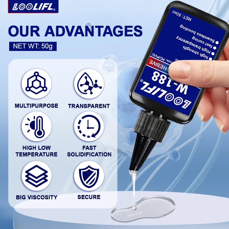 LOOLIFL Neuer W-188 starker 50 ml UV-Kleber, Aushärtungskleber, UV-Härtung, Kristallglas und Metall, ABS-Bonding, Schweißen mit UV-Härtungslampe Image