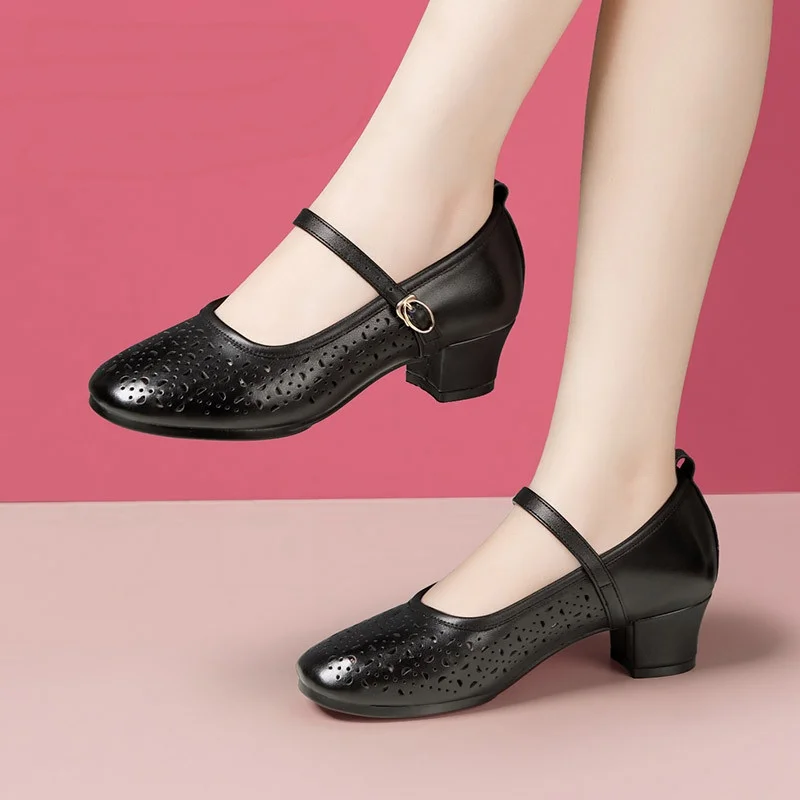 3,5cm 33-42 Bequeme Echtleder-Schuhe für Damen 2026 Frühling Hohlblockabsatz Schuhe Mary Janes für Mutter Arbeit Tanz Alltag