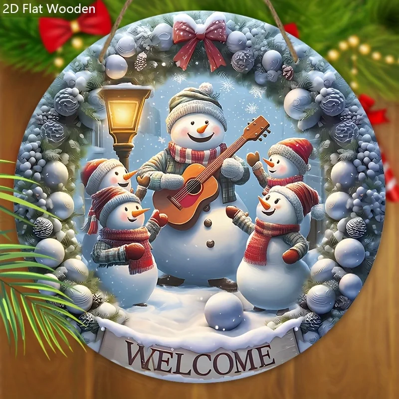 2D Flat, 1-teiliges Weihnachts-Willkommensschild aus Holz – festliches Schneemann- und Laternen-Design mit „WILLKOMMEN“-Text – ideal für Haustür oder Wand Image