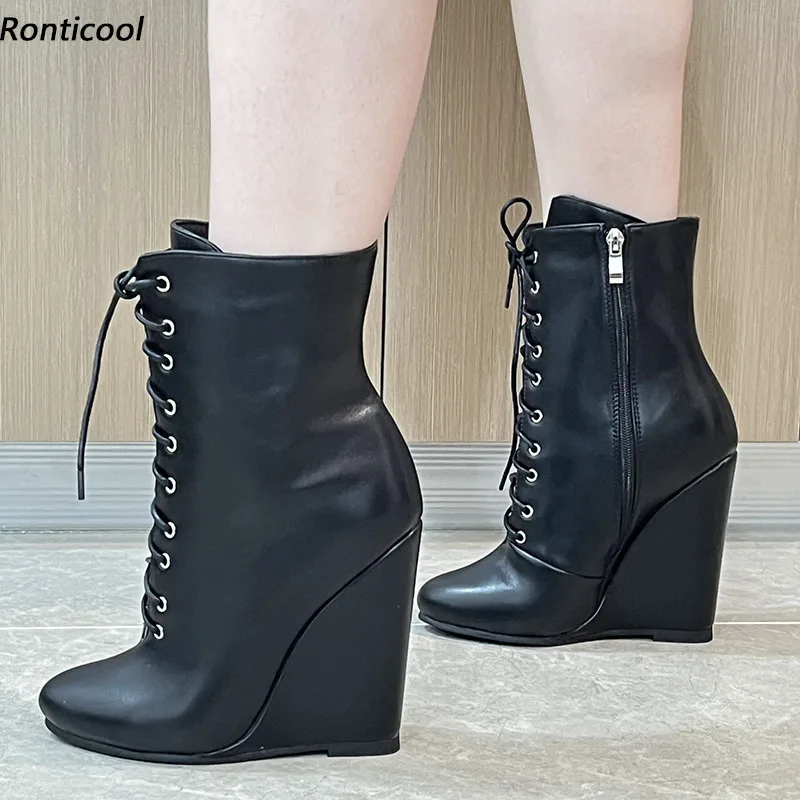 Ronticool Neue Frauen Winter Stiefeletten Schnüren Keile High Heels Runde Kappe Schwarz Casual Schuhe Damen Plus UNS Größe 5-20