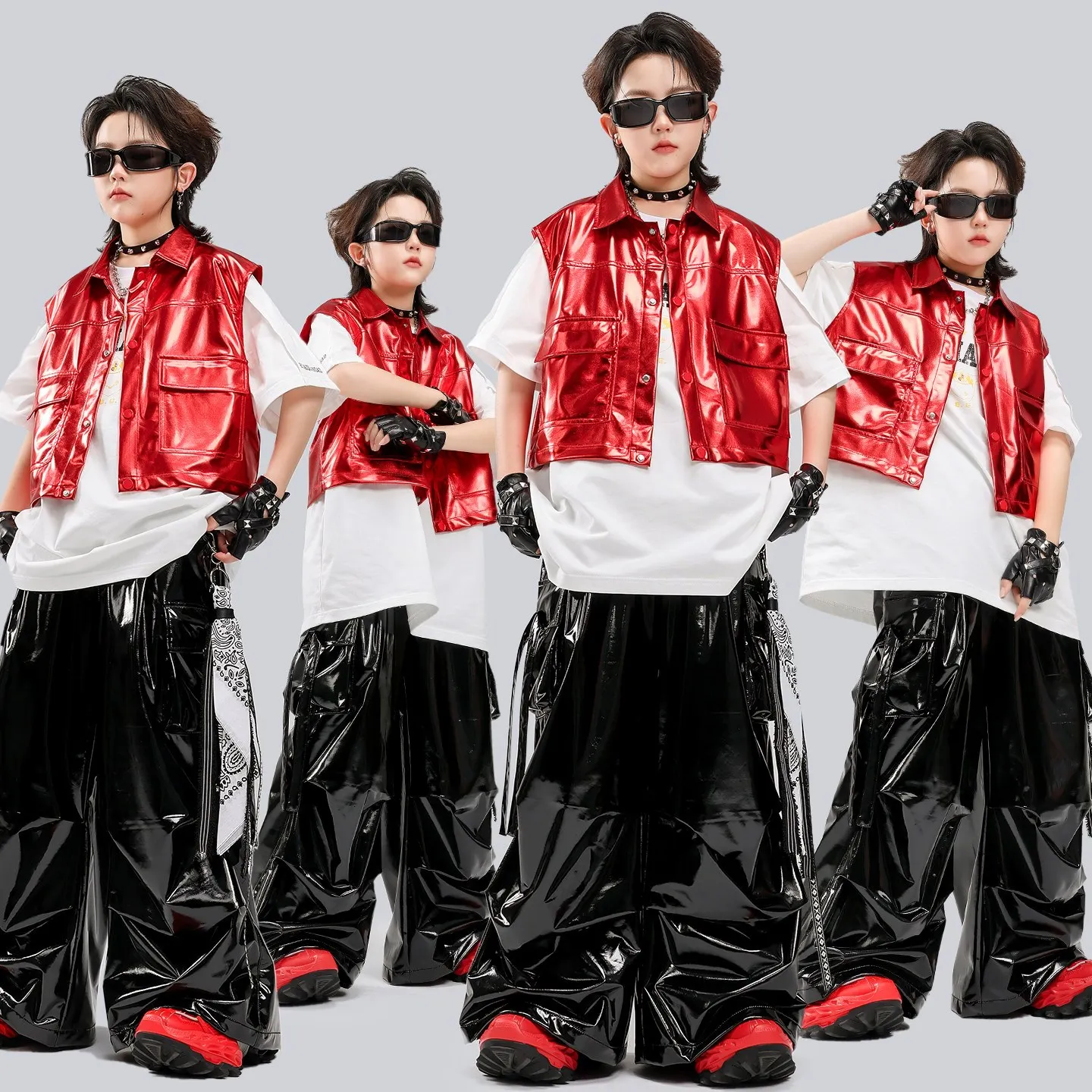 Kindertag Hip-Hop-Tanzkostüm für Jungen, Baggy Streetdance-Outfit mit Roter Weste, Schwarzer Hose und Kurzarm-Oberteil für Bühnenauftritte