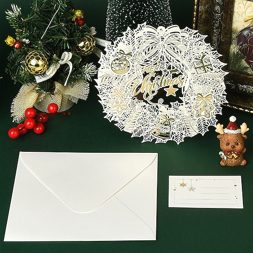 3D-Pop-up-Weihnachtskarten, lasergeschnittene, stehende Grußkartensets, Motive mit Weihnachtsbäumen, Kränzen und Schneedörfern, elegante, handgefertigte Weihnachtskarten für Familie und Freunde, Image