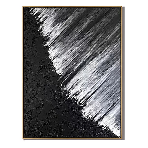 Handgemaltes, minimalistisches Schwarz-Weiß-Gemälde eines Meeresstrandes, schwarzer Putz und silberne Pinselstriche, Wandkunst mit 3D-Textur, Studio-Kunst Image