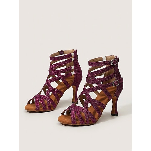 Damen-Sandalen mit fuchsiafarbenem Glitzer für lateinamerikanische Tänze – Salsa-Schuhe mit hohem Absatz und funkelnden Riemen für Bachata und Tango Gesellschaftstanz Image