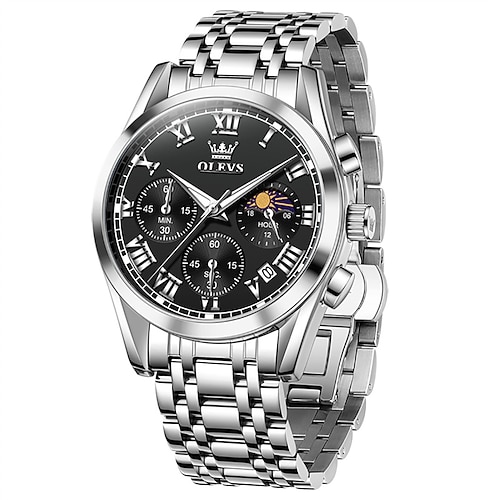 Olevs Herrenuhr, Luxus-Business-Chronograph, Mondphase, schwarzer Edelstahl, wasserdicht, Leuchtzeiger, Datumsanzeige mit römischen Ziffern, elegante Quarz-Armbanduhr, Geschenk für Männer Image