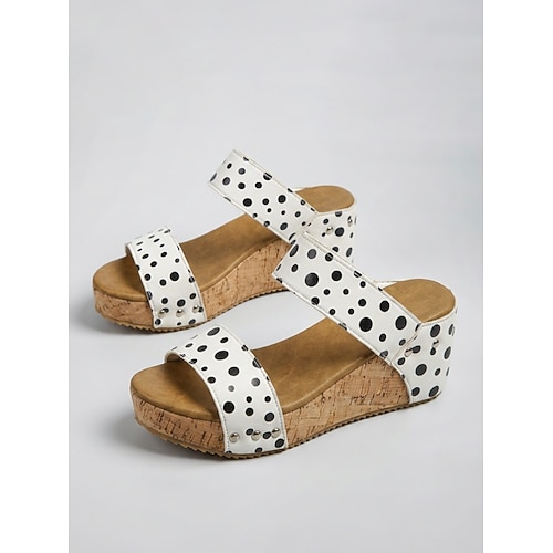 Damen-Plateausandalen mit Polka-Dots – offene Zehensandalen mit doppelten Riemen und Nietenverzierungen für sommerliche Spaziergänge, Reisen und Freizeit. Image