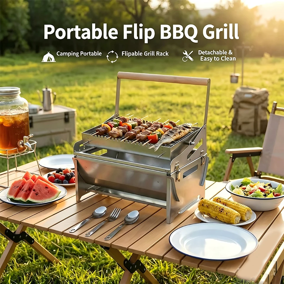Tragbarer 360-Grad-Drehpunkt ° Klappbarer, drehbarer Holzkohlegrill aus Edelstahl mit abnehmbarem Grillnetz für Camping, Strand und Outdoor-Kochen Image