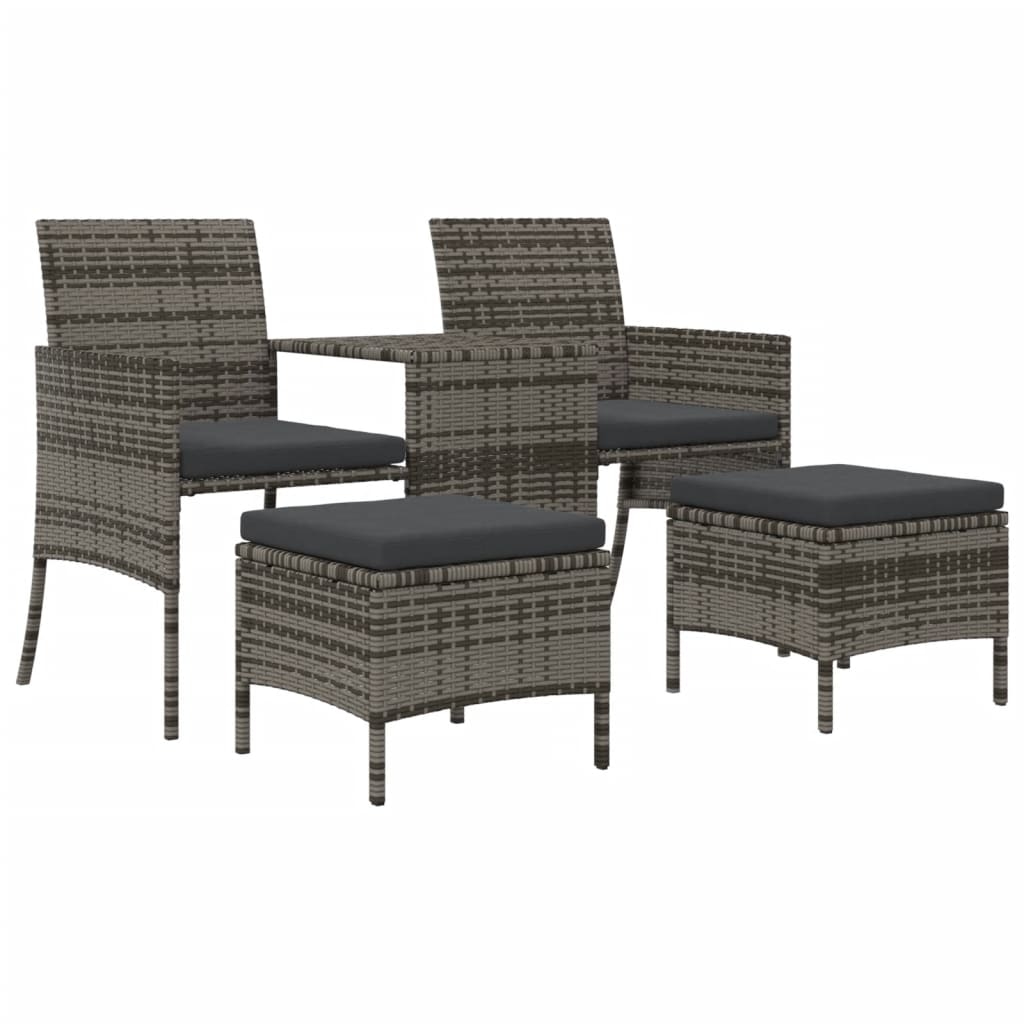 vidaXL 2-Sitzer-Gartensofa mit Teetisch und Hocker Poly Rattan Grau Image