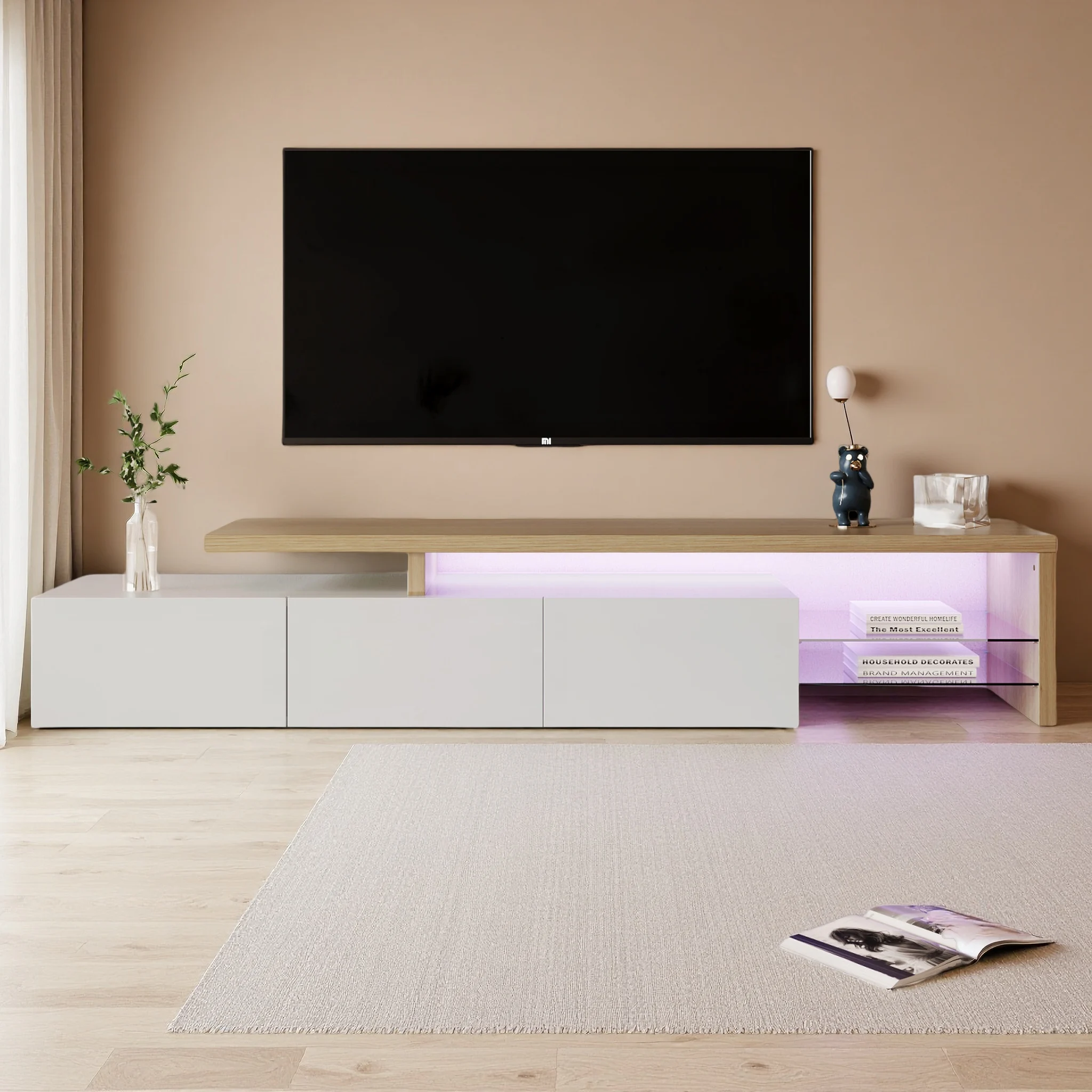 Rosahqnda TV-Schrank für Wohnzimmer, TV-Lowboard mit LED, Sideboard, 2 Glastrennwand, 3 Schubladen, Weiß/Schwarz Hochglanz