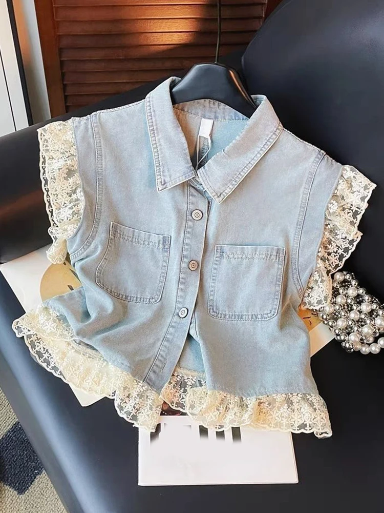 Jmprs Spitze Patchwork Denim Weste Frauen Süße Mode Lose Beiläufige Weste Koreanische Taschen Sommer Elegantes Design Weibliche Weste Tops Neue Image