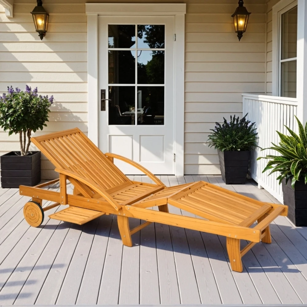 Sonnenliege aus Holz, klappbare Gartenliege mit Beistelltisch, Rollen, Liegestuhl mit 4-fach verstellbarer Rückenlehne, Campingliege, Gartenstuhl, belastbar bis 160 kg, für Garten, Strand, Teakholz