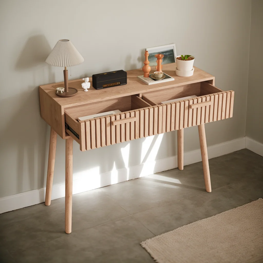 Comanlai 100×35×80 cm Beistelltisch mit 2 Aufbewahrungsschubladen und Tischecken, Wohnzimmertisch, Holz-Konsolentisch, Naturfarben Image
