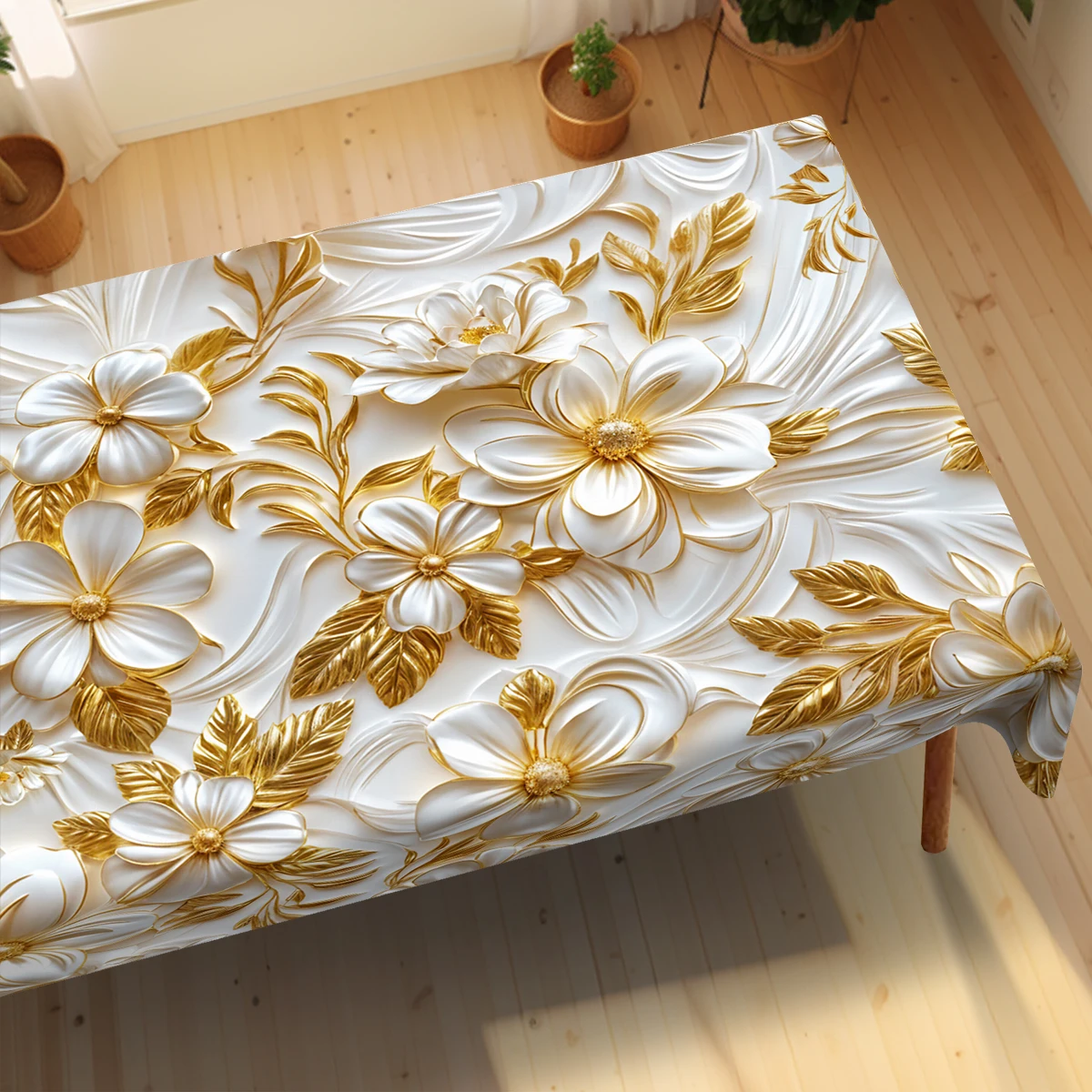 1 Stück Vintage-Tischdecke mit Blumenmuster, rund und rechteckig, in verschiedenen Größen erhältlich, mit 3D-geprägten weißen Blumen und vergoldeten Zweigen, sowie eine zart bedruckte Tischdecke mit
