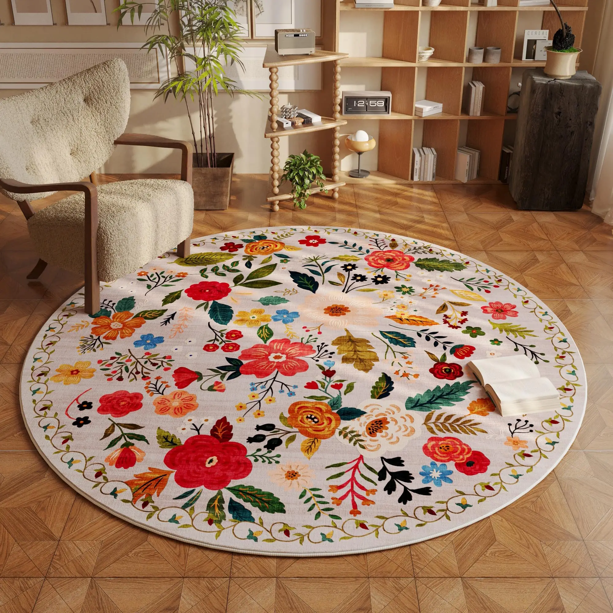 VIKAMA Runder Teppich, 1,2 m, waschbarer Kreisteppich, rutschfest, niedrigflorig, Boho-Blumenmuster, kleiner Teppich für Schlafzimmer, Badezimmer, Eingangsbereich, Heimdekoration Image