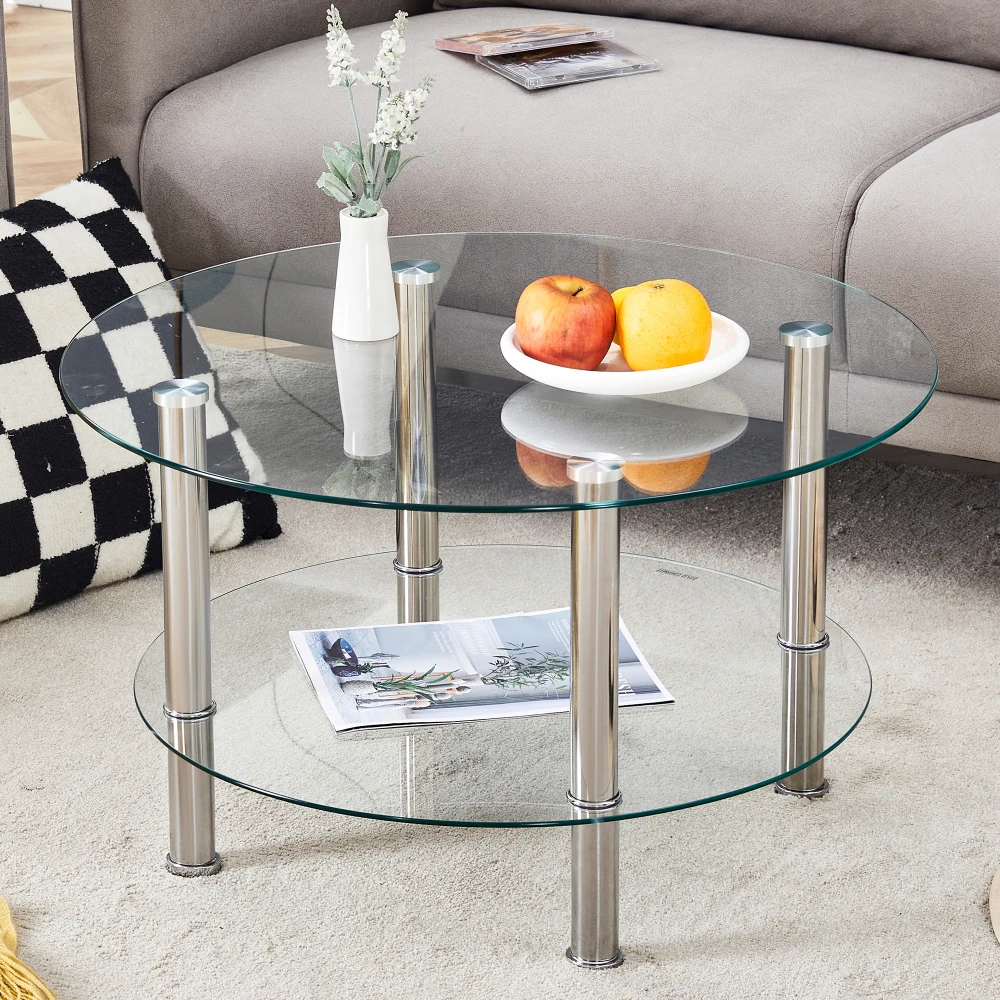Moderner 2-stufiger Glas-Couchtisch mit silbernen Metallbeinen, stabiles, geräumiges Design, leichter Luxus-Stil mit Metall- und Glasglanz für das Wohnzimmer. Image