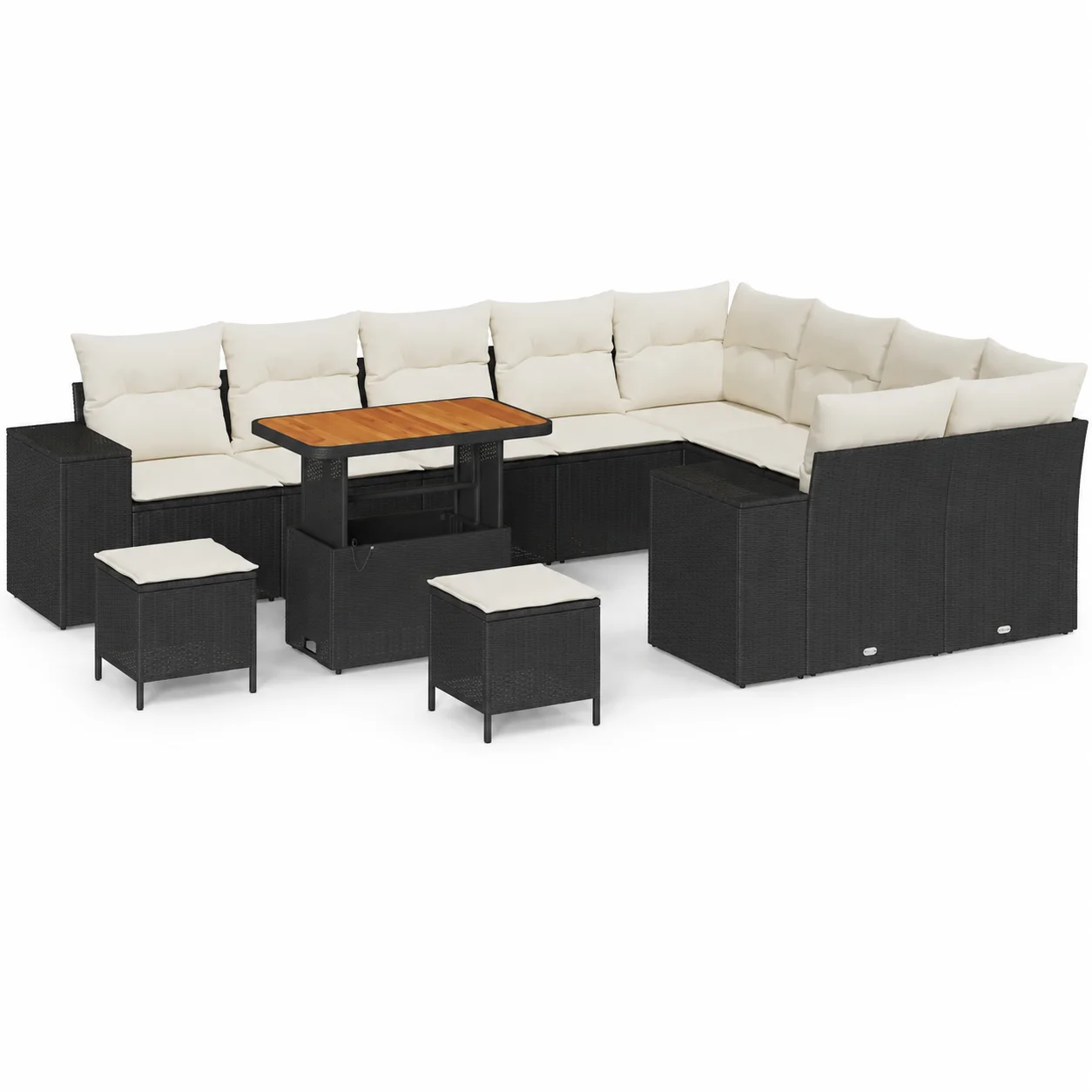 12-teiliges Garten-Sofaset mit Kissen, schwarzes Polyrattan-Akazienholz, Outdoor-Lounge-Set, modulare Balkonmöbel, wetterbeständige Terrassensitzgruppe für 5 Personen