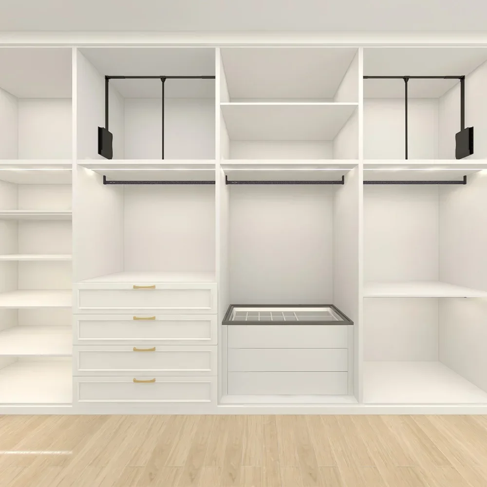# Eingebauter maßgeschneiderter Kleiderschrank, maßgeschneiderter Hauptraum, eleganter, luxuriöser begehbarer Kleiderschrank mit Öffnungsregal