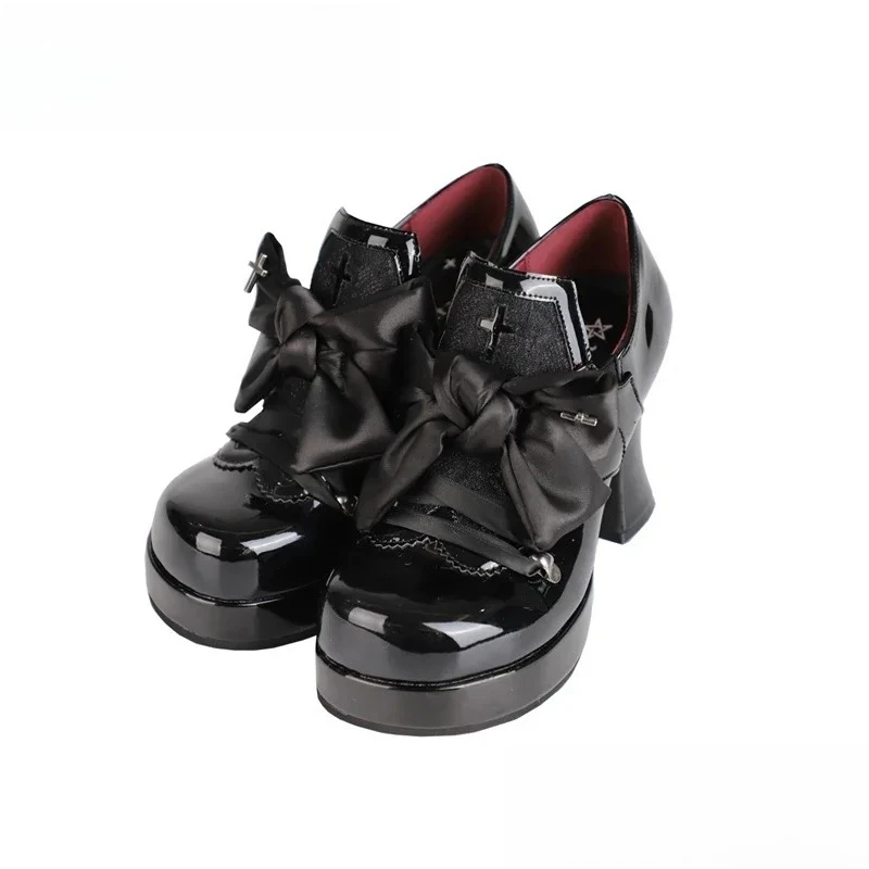 Japanische Original Gothic Dark Lace Bow Lolita Subkultur High Heels Retro Schwarz Samt Weinglas und Plateau Damenschuhe