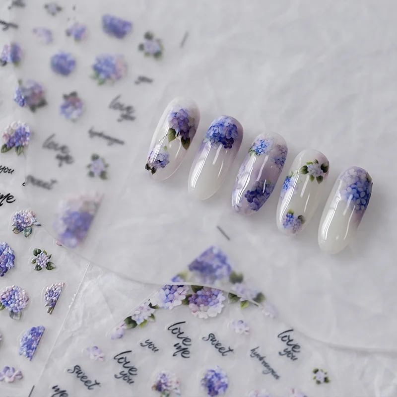 5D Geprägte Tulpen-Fantasie Blau-Lila Hortensien Selbstklebende Nagelkunst-Aufkleber Bunte Blumen 3D Nagel-Dekorationen Sticker DIY Image