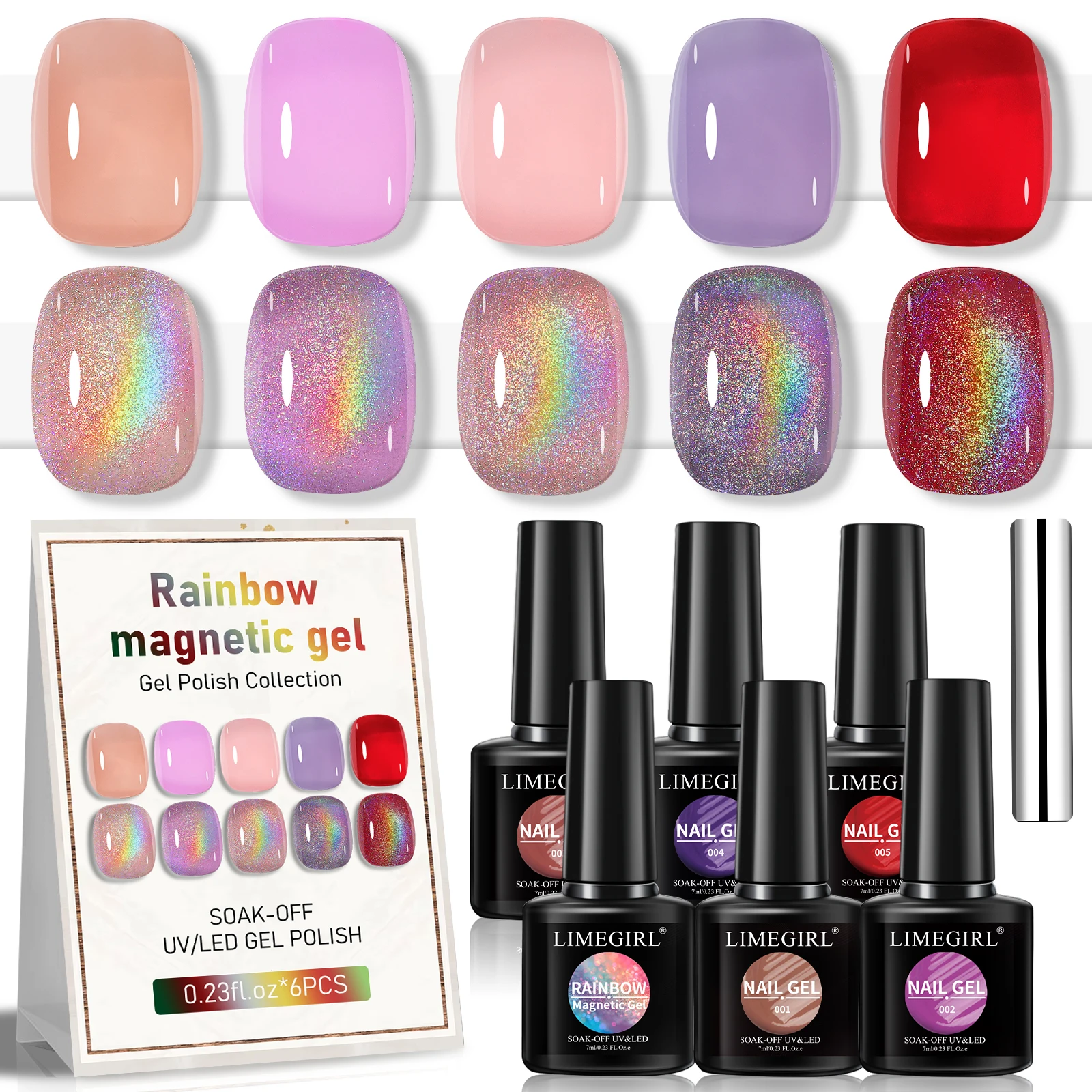 LIMEGIRL 6 Stück 7/10ml Cat Eye Gel Nagellack Set 6 Farben Gel Polish Kit Abziehbar für UV/LED für Salon und Nagelkunst DIY zu Hause Image